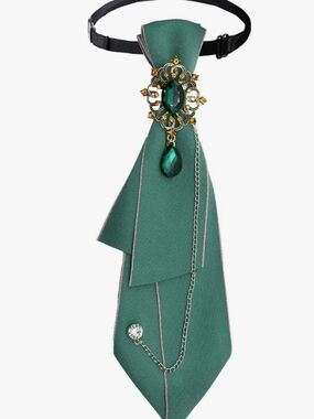 Emerald Green Draped Brooch Tie Necklace with Jewel Accent